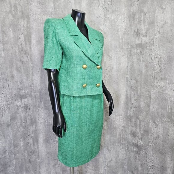 Vintage 80s Yves Saint Laurent Green Skirt Power Suit Career Casual Gold Buttons - Picture 4 of 16